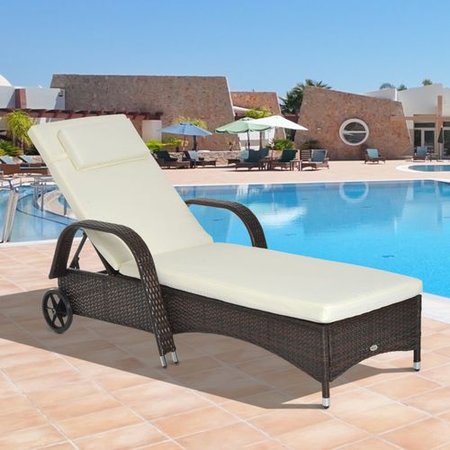Outsunny Adjustable Rattan Sun Lounger | 5-Position Outdoor Recliner with Cushion & Wheels