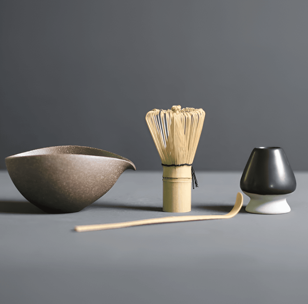 Service à matcha japonais en céramique et bambou – 4 pièces
