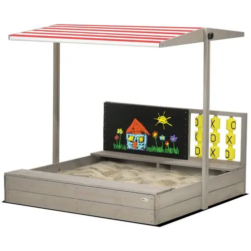 Kids Wooden Sandpit – Adjustable Canopy & Built-In Games