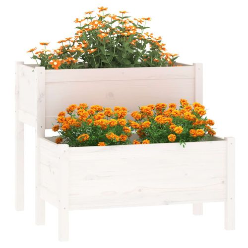 2-Tier White Wooden Planter | Solid Pine Raised Bed with Dual Flower Boxes – 84.5x84x75cm