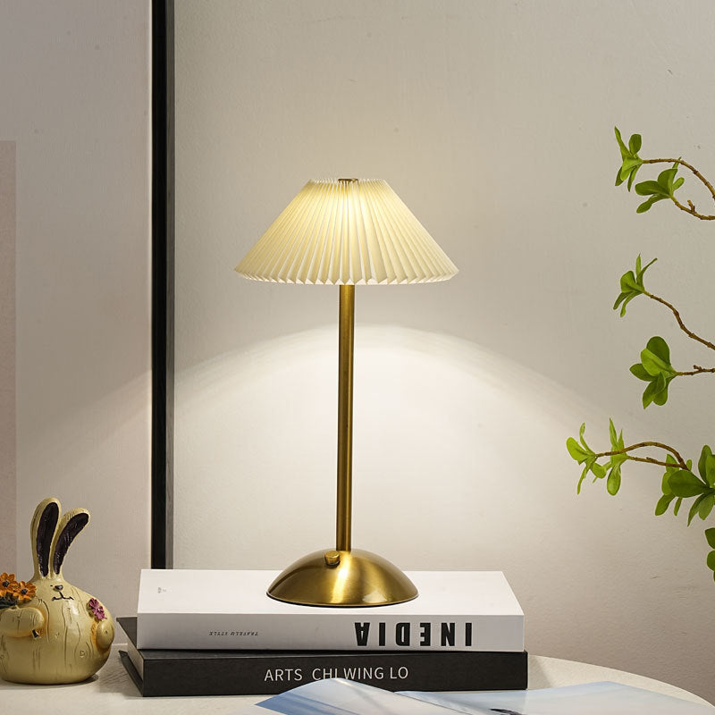 Contemporary Scandinavian Rechargeable Iron Fabric Conic Pleated 1-Light Table Lamp For Bedside