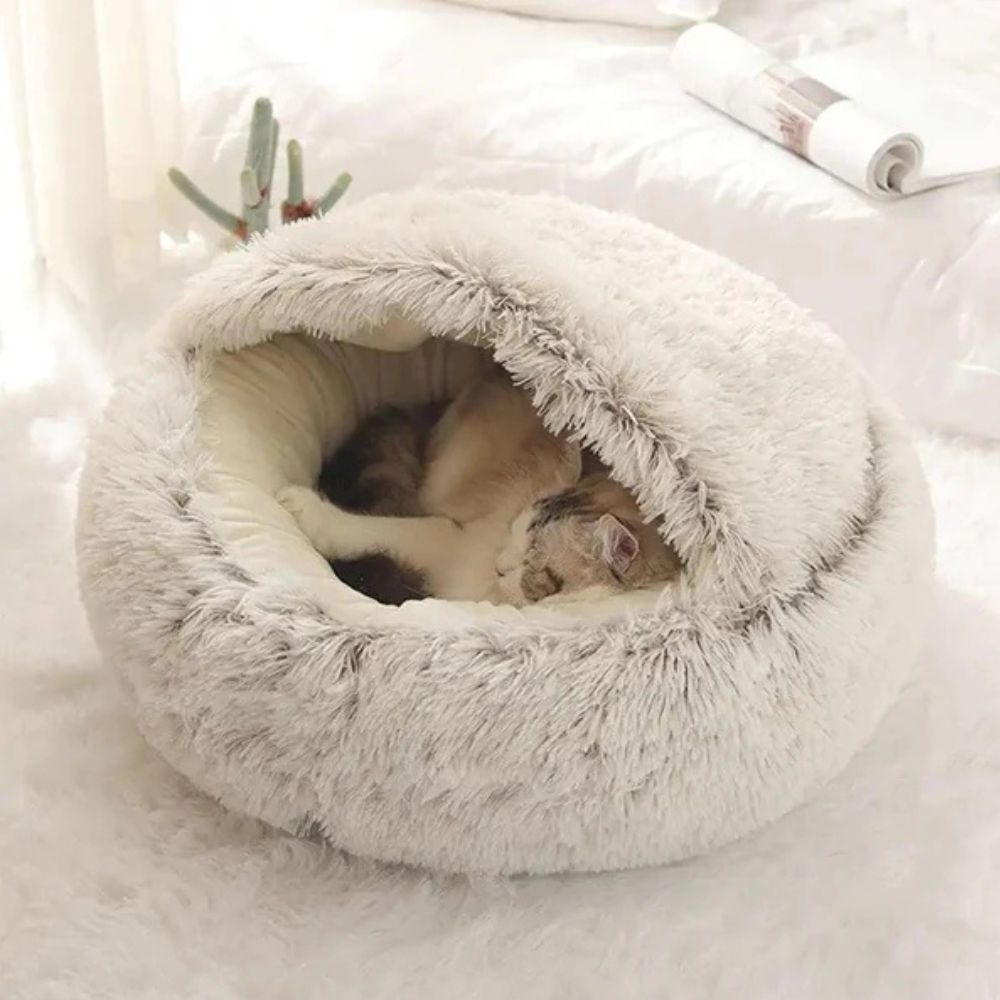 Panier rond à capuche en fausse fourrure pour animaux