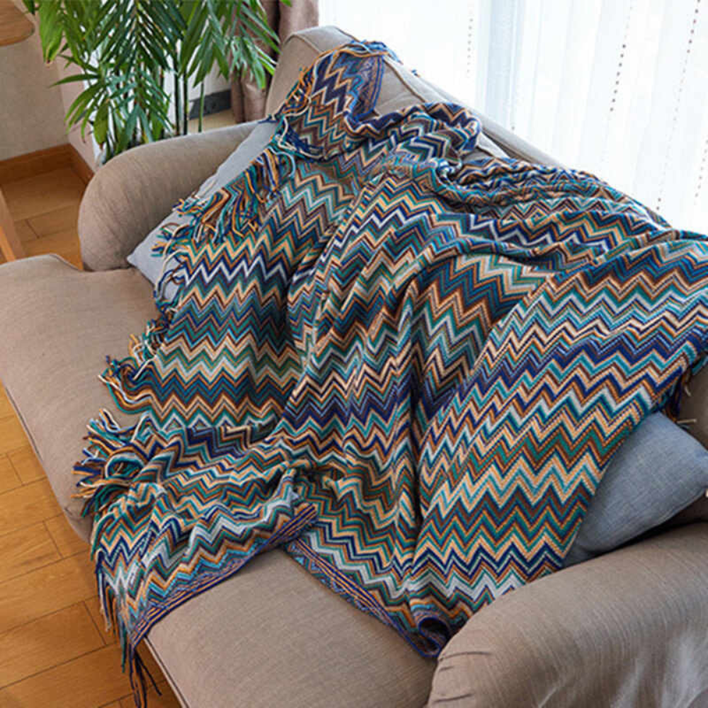 Mehrfarbiger Zickzack Quasten Strick-Wohndecke