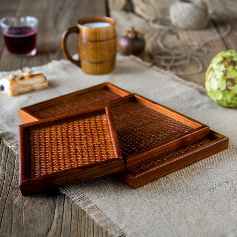 Handgefertigtes Rattan-Holz-Teetablett