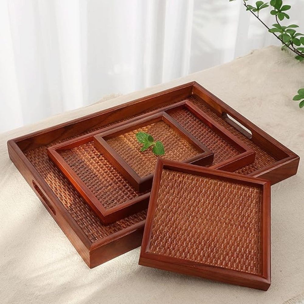 Handgefertigtes Rattan-Holz-Teetablett