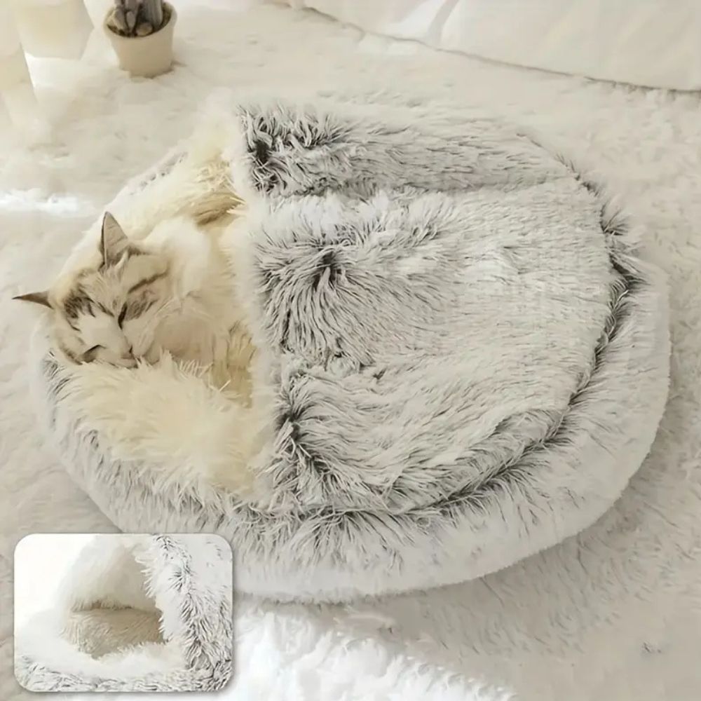 Panier rond à capuche en fausse fourrure pour animaux
