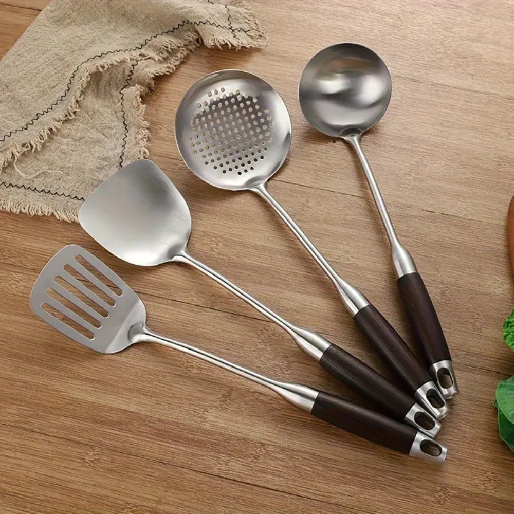 Utensilios de Madera y Acero Inoxidable Brillantes | Set de 6 piezas