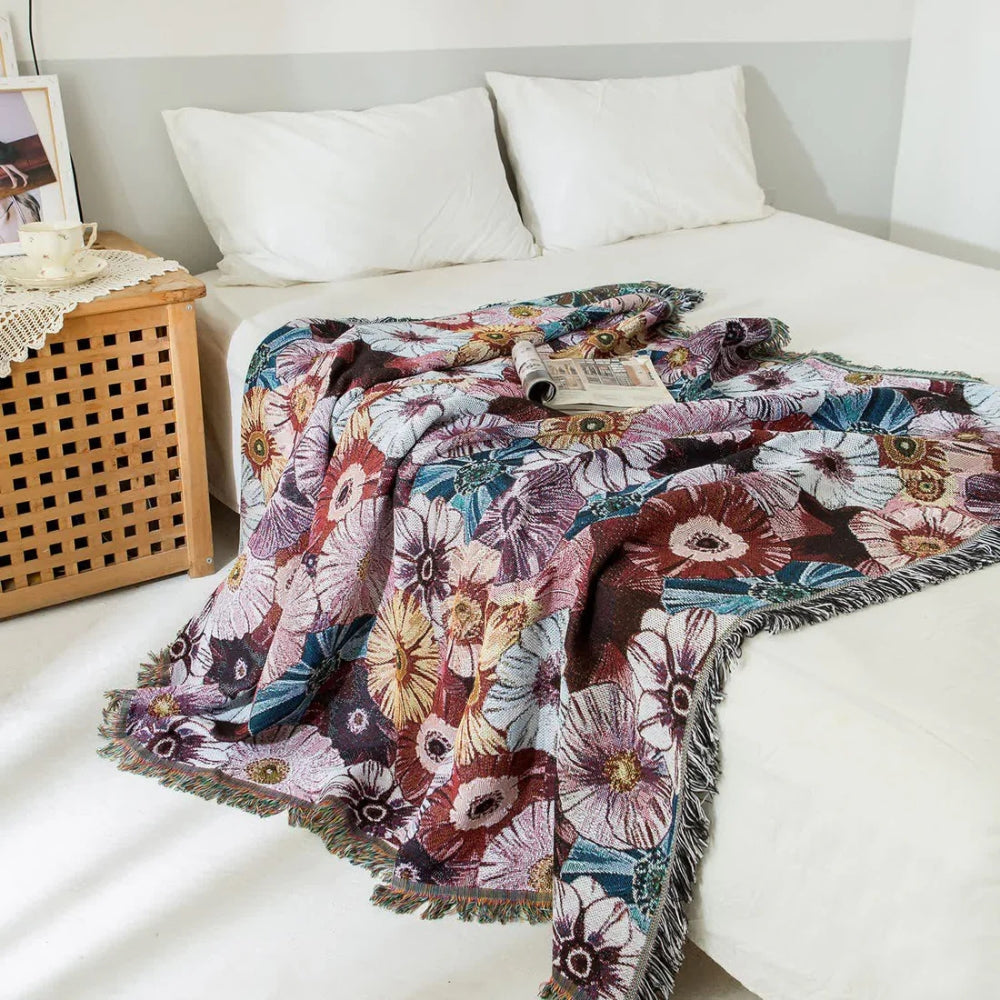 Manta Tejida Vintage Flora con Flecos