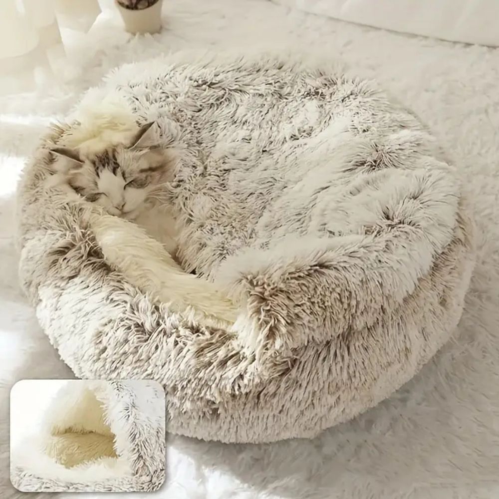 Panier rond à capuche en fausse fourrure pour animaux