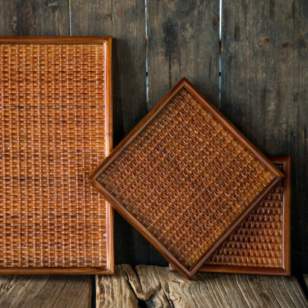Handgefertigtes Rattan-Holz-Teetablett