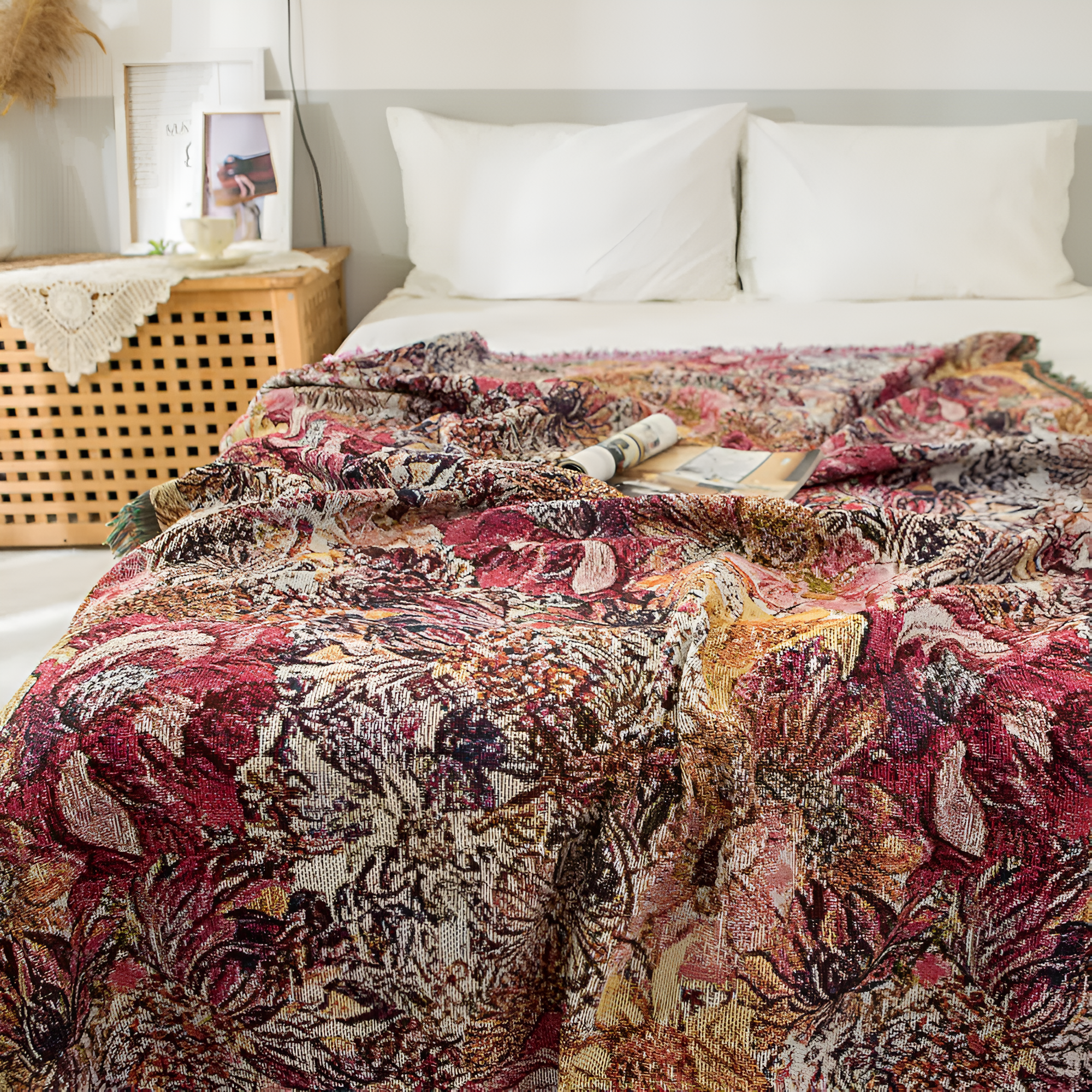 Vintage Blumen-Tassel-Wohndecke
