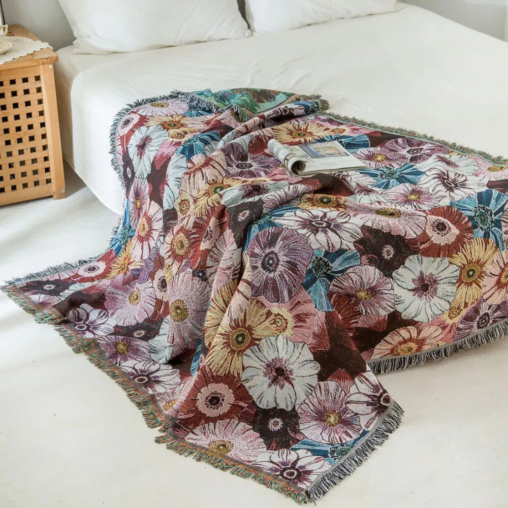 Manta Tejida Vintage Flora con Flecos