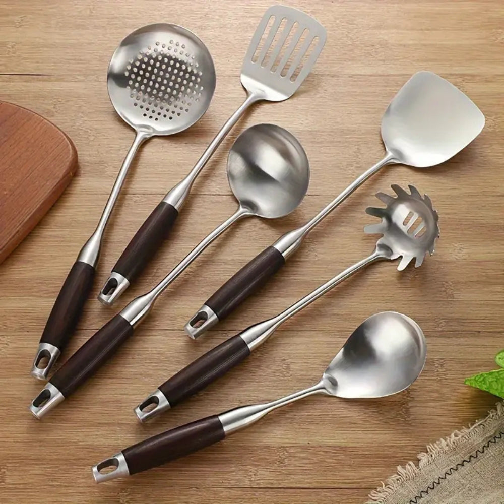 Utensilios de Madera y Acero Inoxidable Brillantes | Set de 6 piezas