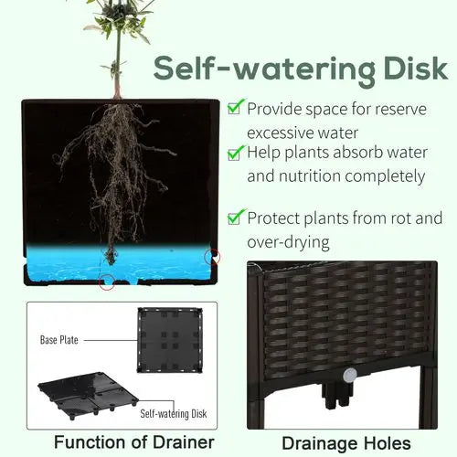 Raised Plastic Planter Box – Self-Draining Rattan-Style Design for Outdoor Gardening
