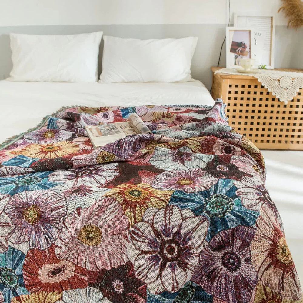 Manta Tejida Vintage Flora con Flecos