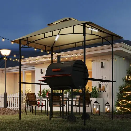 BBQ Gazebo Shelter – Two-Tier Canopy with Side Shelves & Storage Baskets