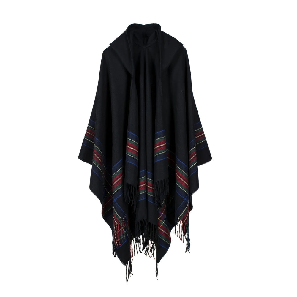 Acryl Kapuzen-Poncho-Schal mit Streifen
