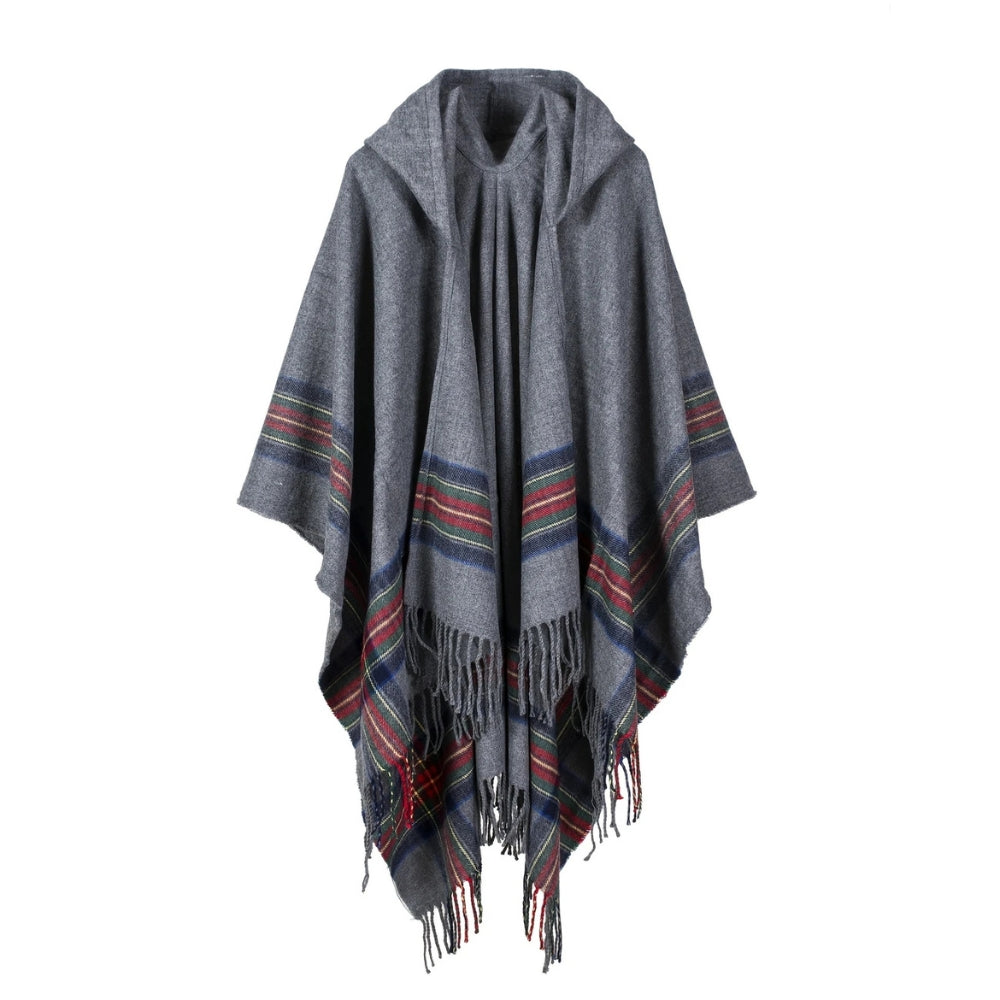 Acryl Kapuzen-Poncho-Schal mit Streifen