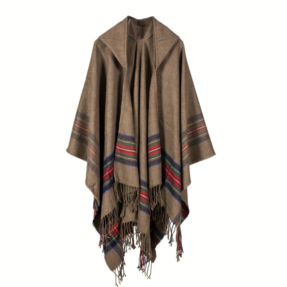 Acryl Kapuzen-Poncho-Schal mit Streifen