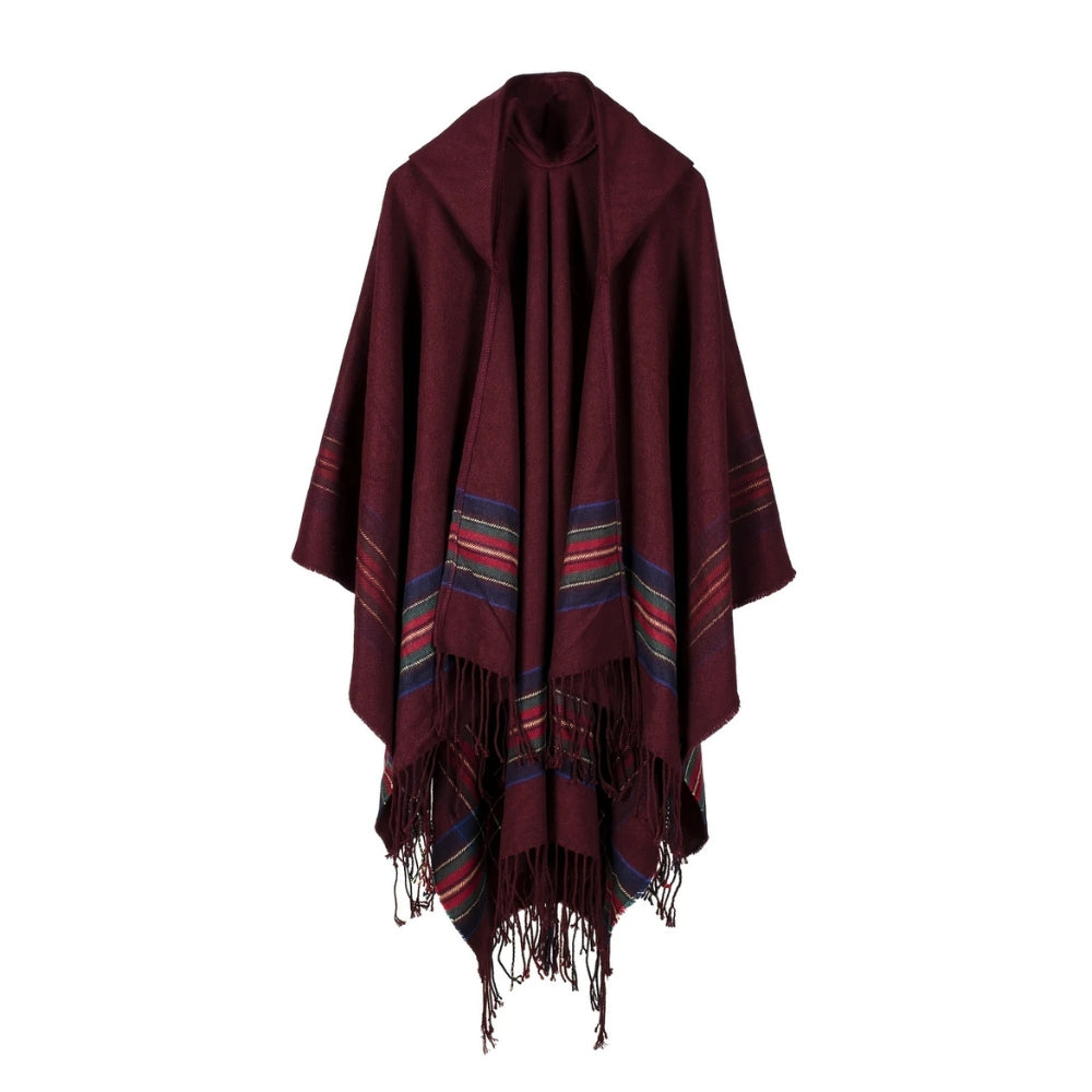 Acryl Kapuzen-Poncho-Schal mit Streifen