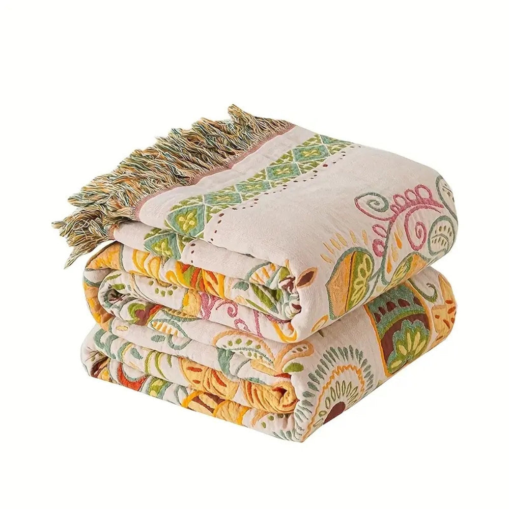 Manta Boho Reversible con Hojas de Otoño