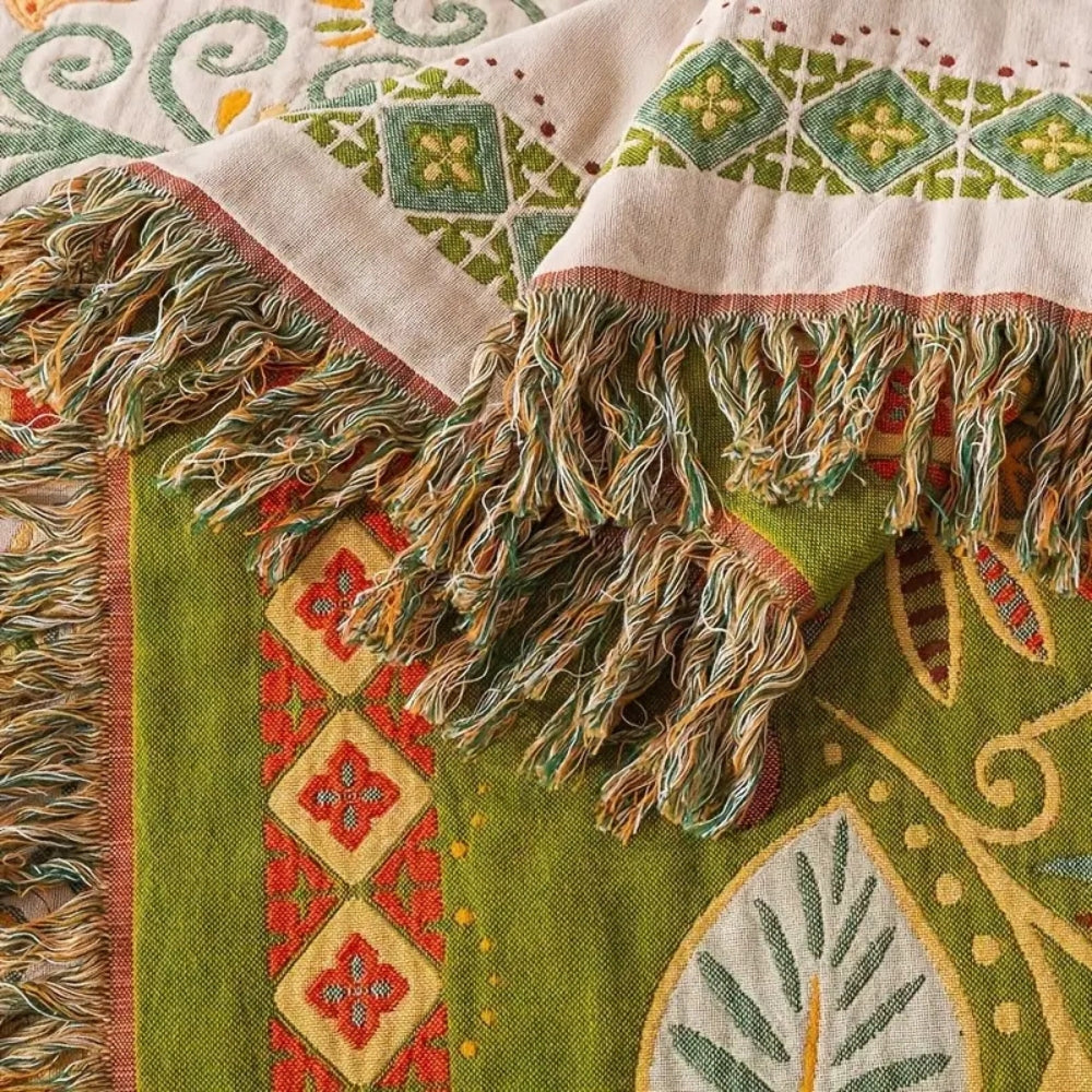 Manta Boho Reversible con Hojas de Otoño