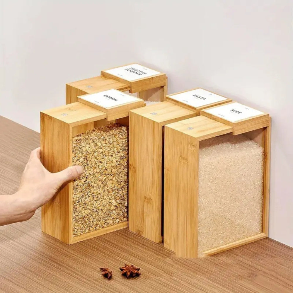 Contenedor Deslizante de Bambú para Almacenamiento de Pasta y Granos