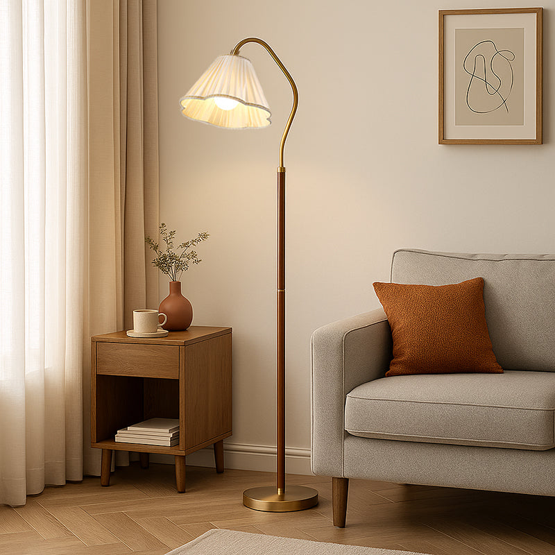 Japanese Vintage Flower Solid Wood Iron Fabric 1-Light Standing Floor Lamp