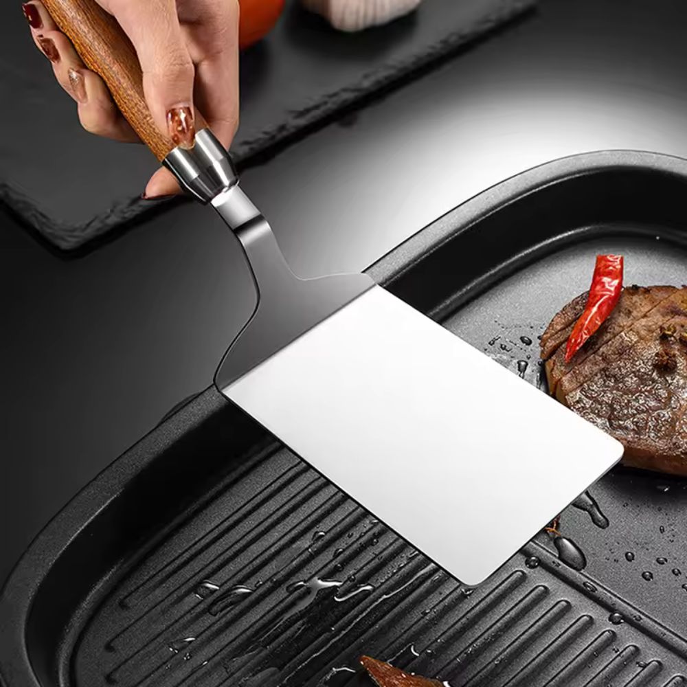 Espátula de Cocina de Acero Inoxidable con Mango de Madera