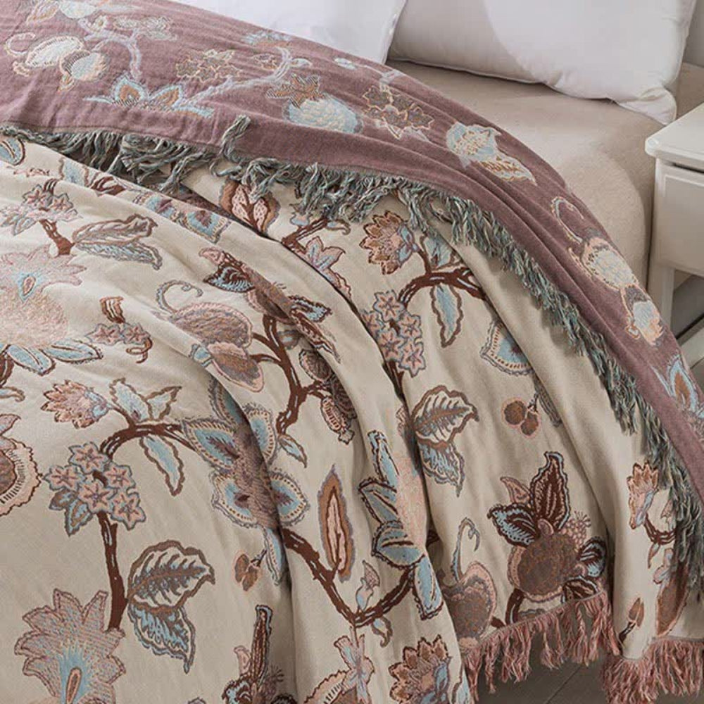 Manta de Cama de Algodón con Borlas y Flores Orchid Trail