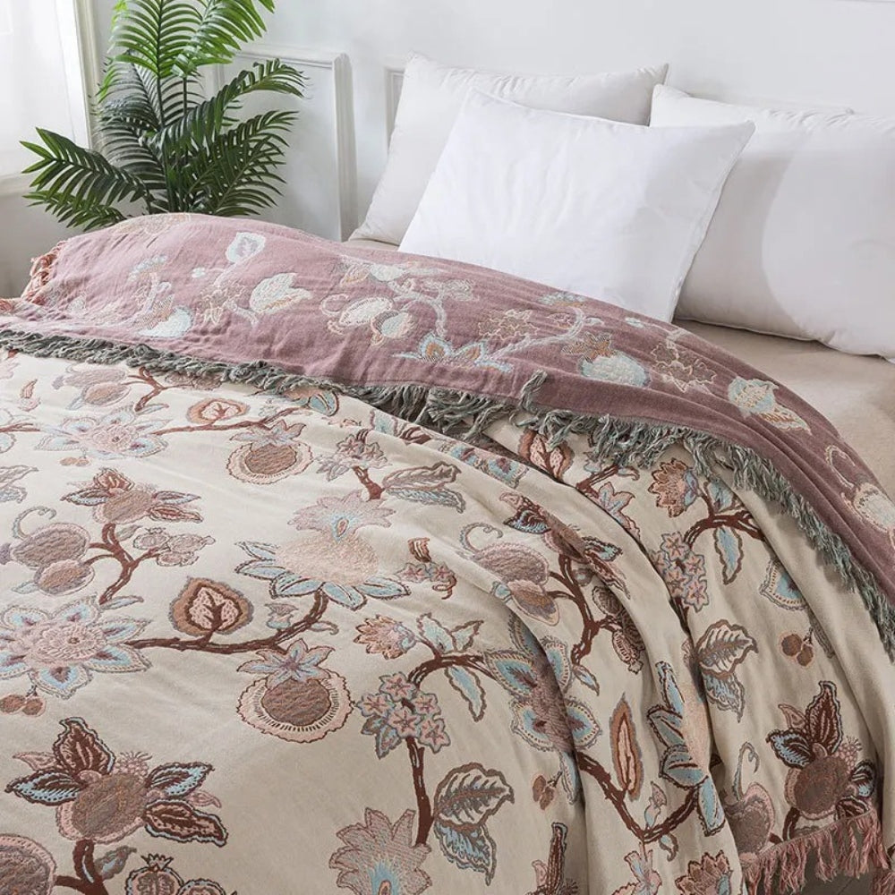 Manta de Cama de Algodón con Borlas y Flores Orchid Trail