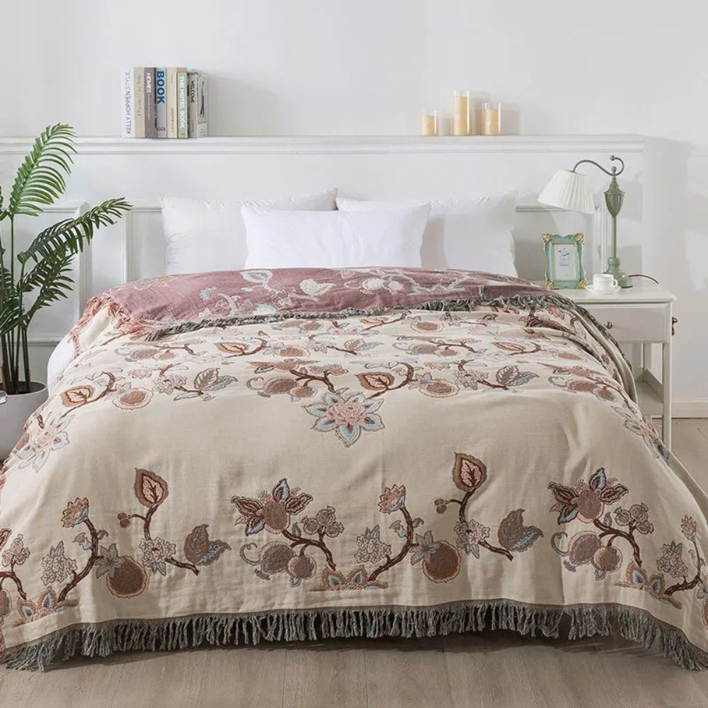 Manta de Cama de Algodón con Borlas y Flores Orchid Trail