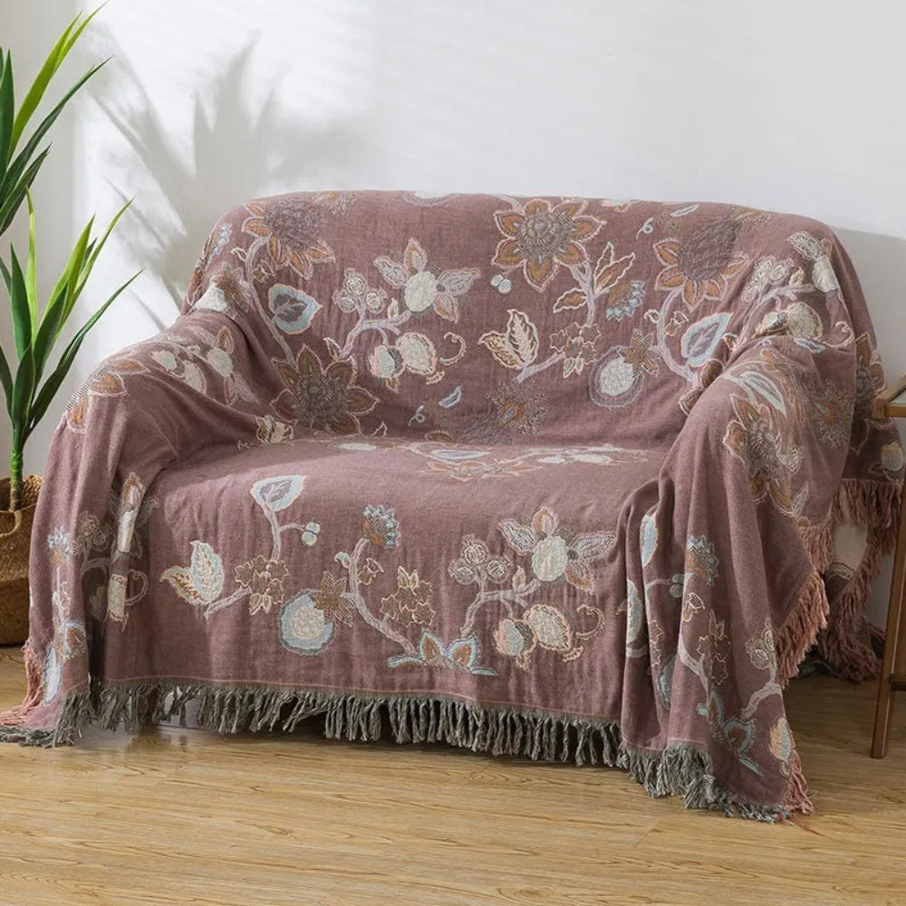 Manta de Cama de Algodón con Borlas y Flores Orchid Trail