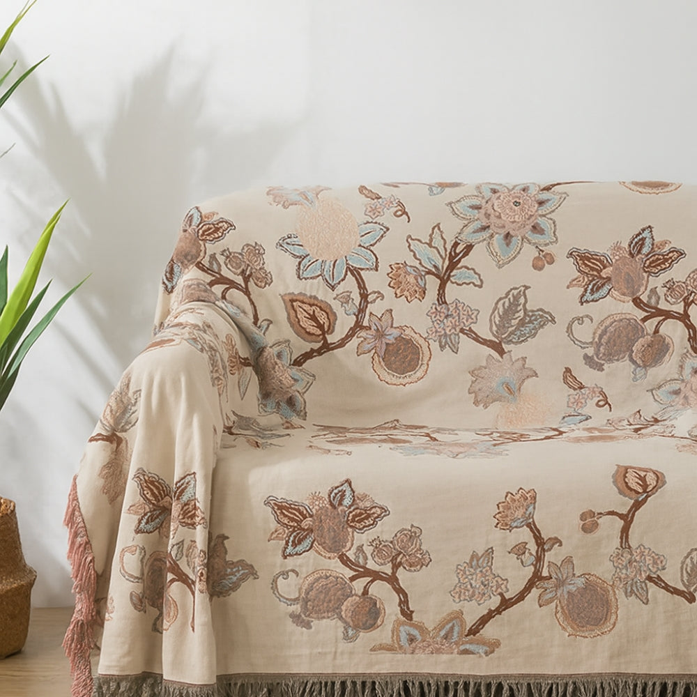 Manta de Cama de Algodón con Borlas y Flores Orchid Trail