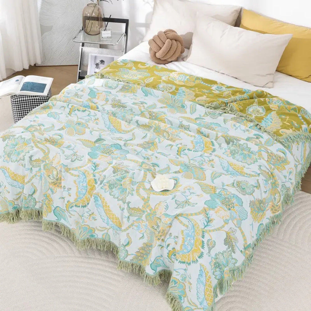 Couverture en Coton Florale à Pompons Rêverie