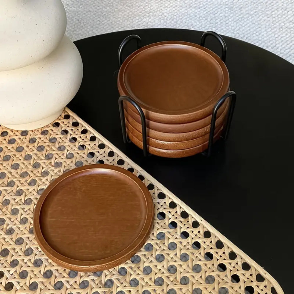 Rustikale Holzuntersetzer mit Metallhalter | 6er Set