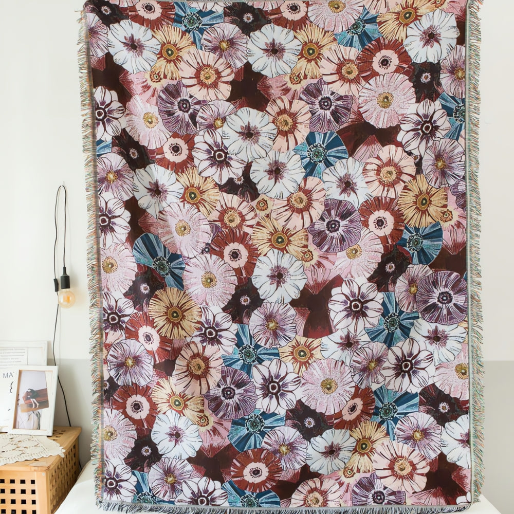 Manta Tejida Vintage Flora con Flecos