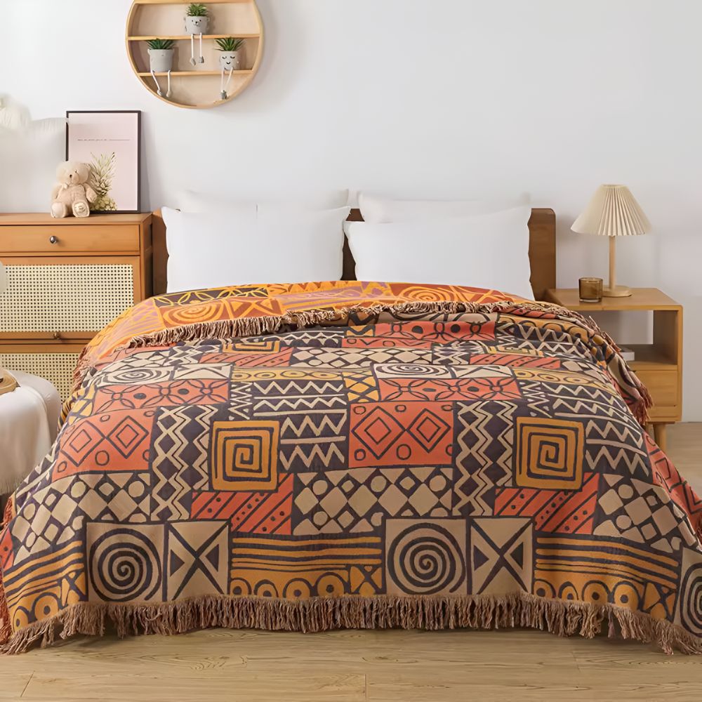 Couverture Réversible en Coton à Pompons Patchwork Tribal