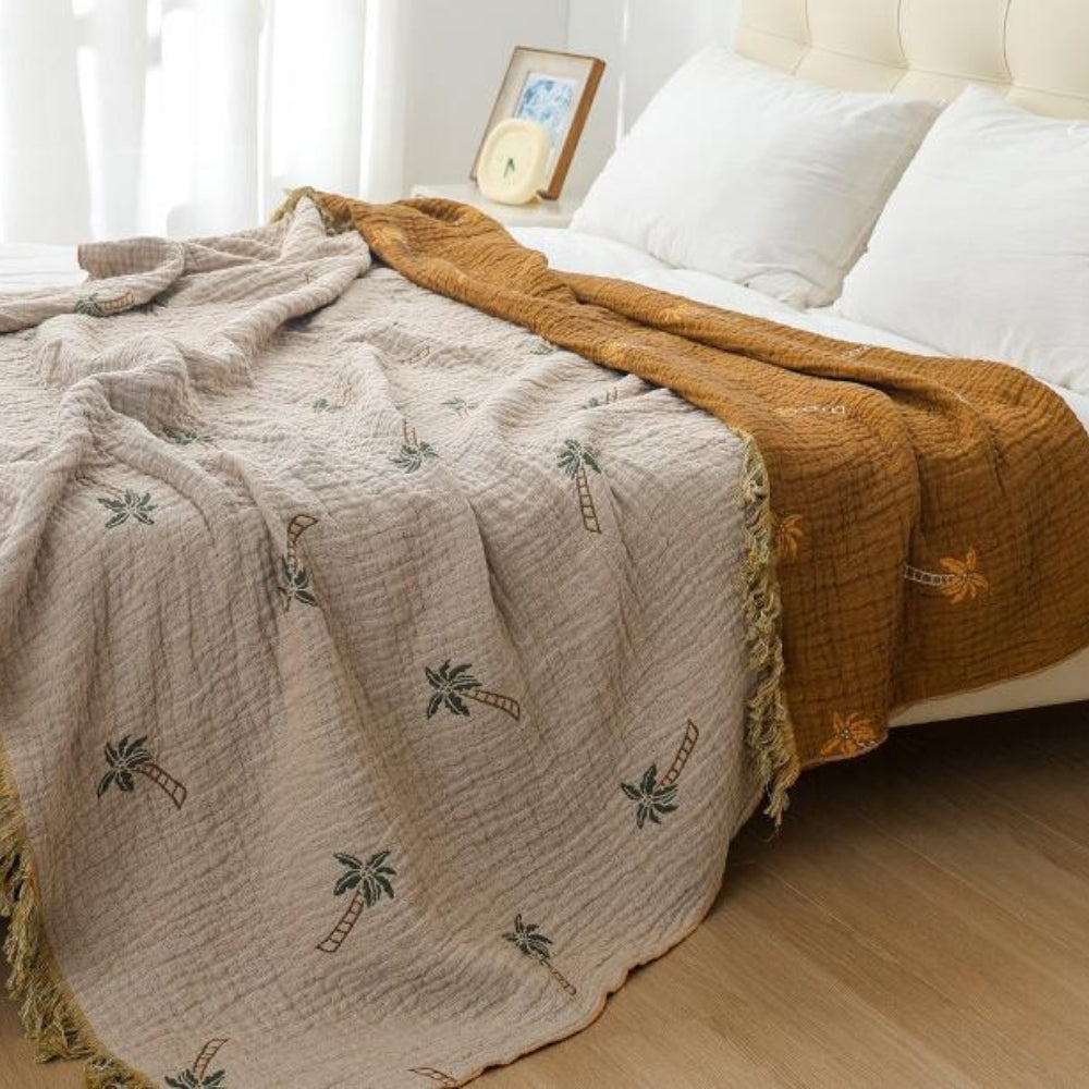 Couverture Réversible en Coton Palmier Tropical