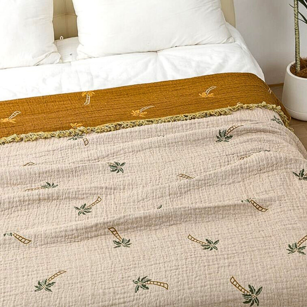 Manta Reversible de Algodón con Palmeras Tropicales