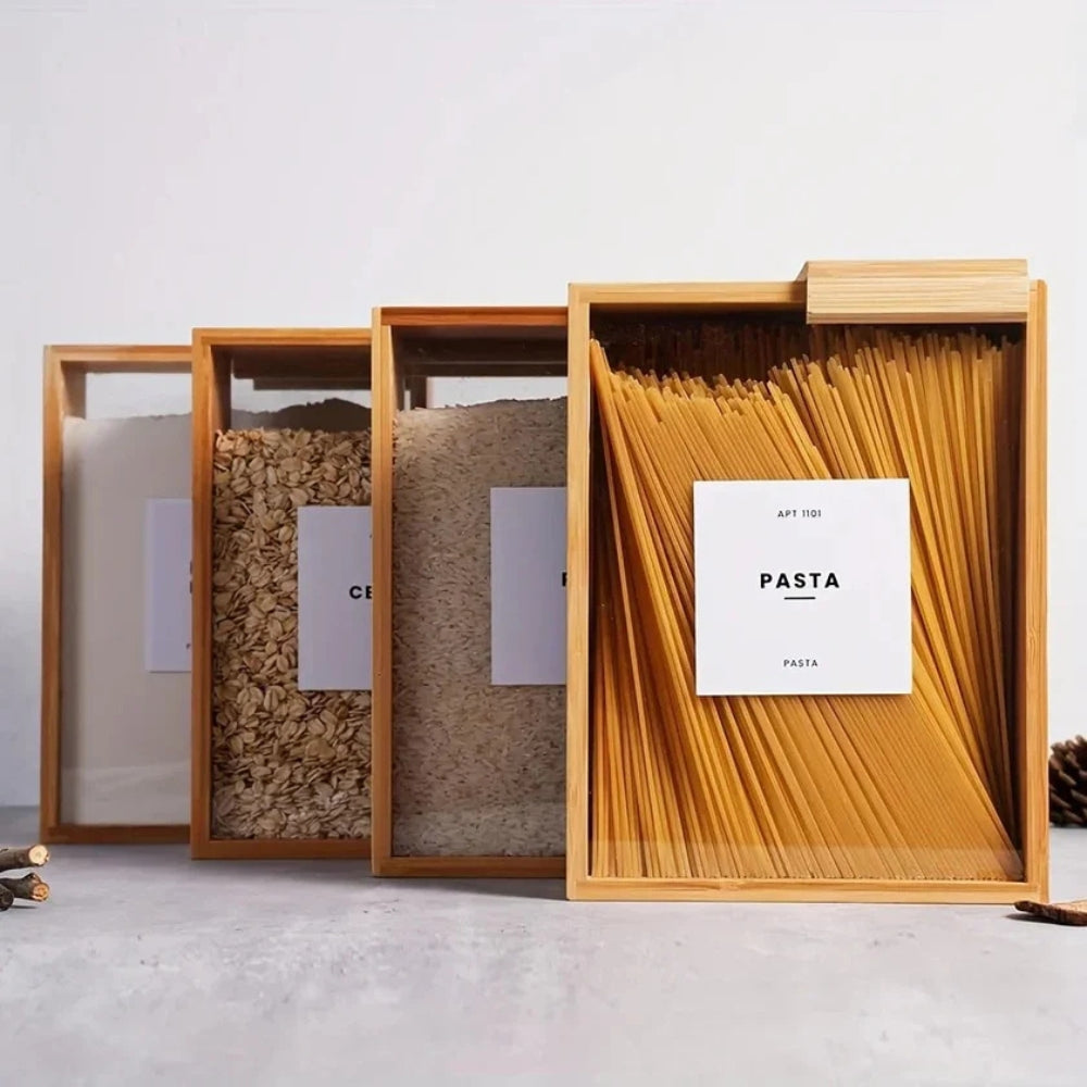 Contenedor Deslizante de Bambú para Almacenamiento de Pasta y Granos
