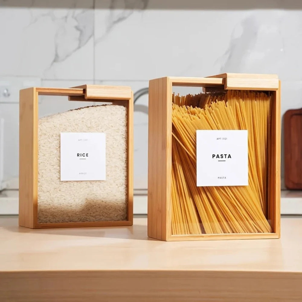 Contenedor Deslizante de Bambú para Almacenamiento de Pasta y Granos