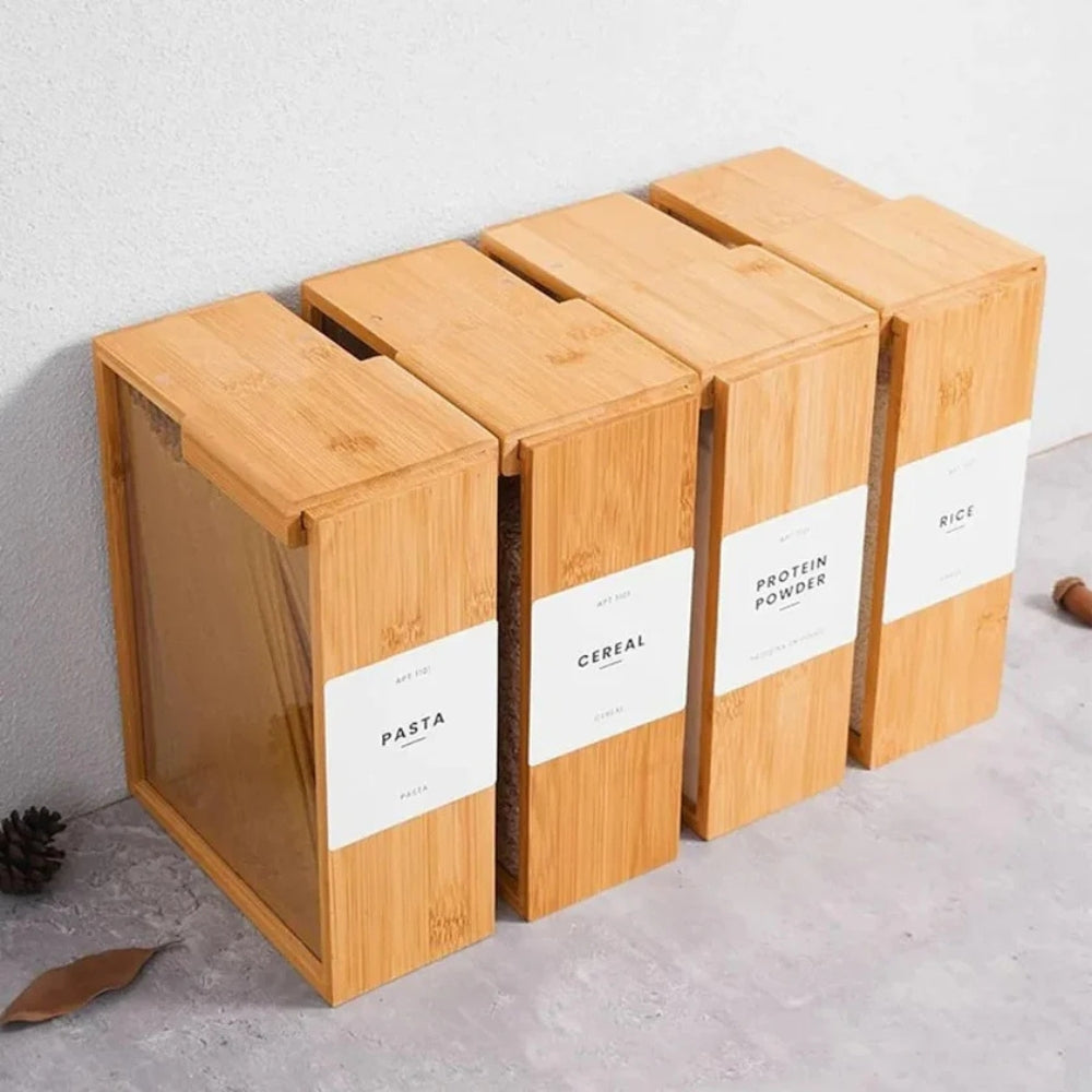 Contenedor Deslizante de Bambú para Almacenamiento de Pasta y Granos