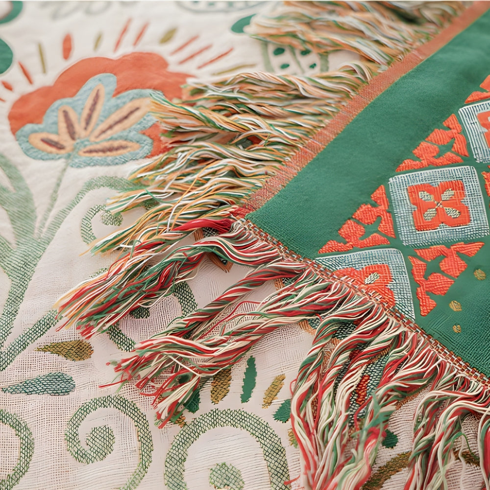 Manta Boho Reversible con Hojas de Otoño