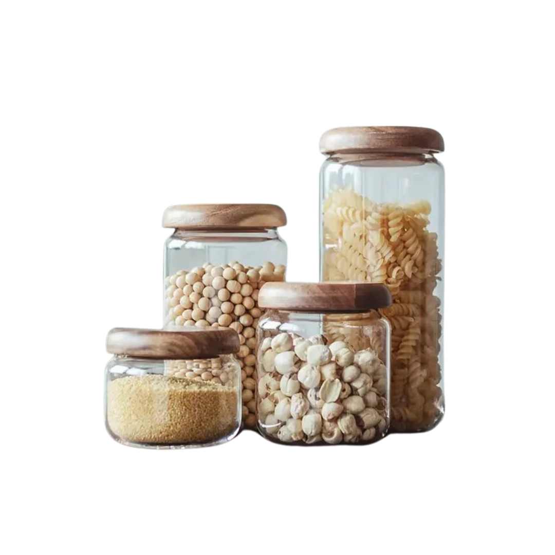 Bocal de conservation en verre transparent – Couvercle en bois d’acacia | Virelle Maison