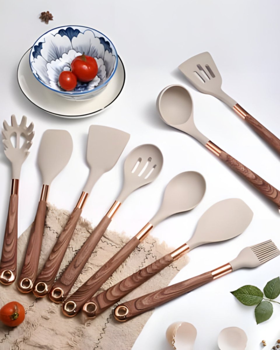 Ensemble d’ustensiles 11 pièces silicone bois et or | Virelle Maison