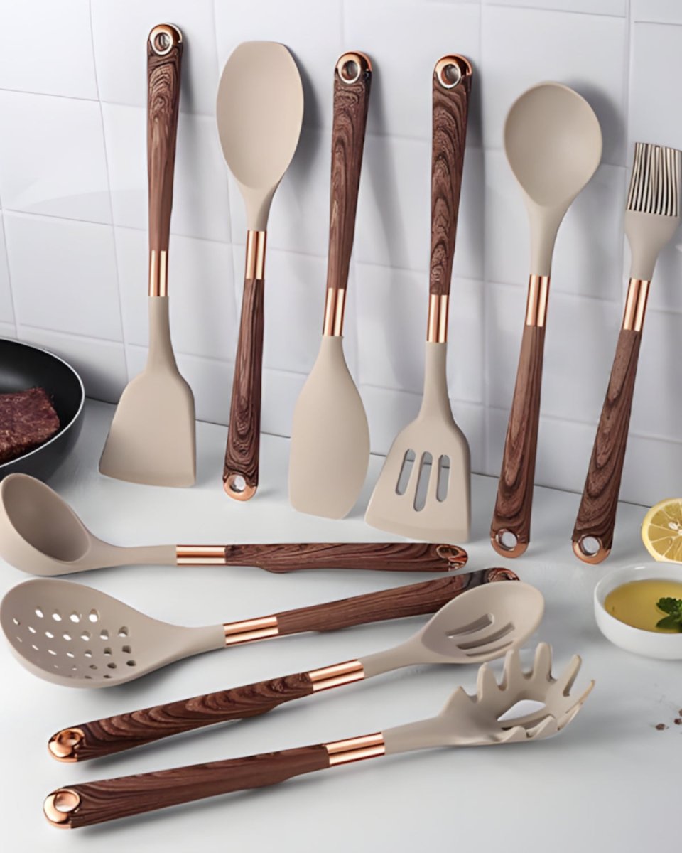 Ensemble d’ustensiles 11 pièces silicone bois et or | Virelle Maison