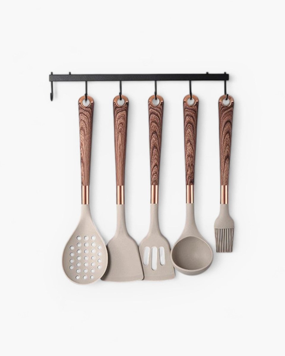 Ensemble d’ustensiles 11 pièces silicone bois et or | Virelle Maison