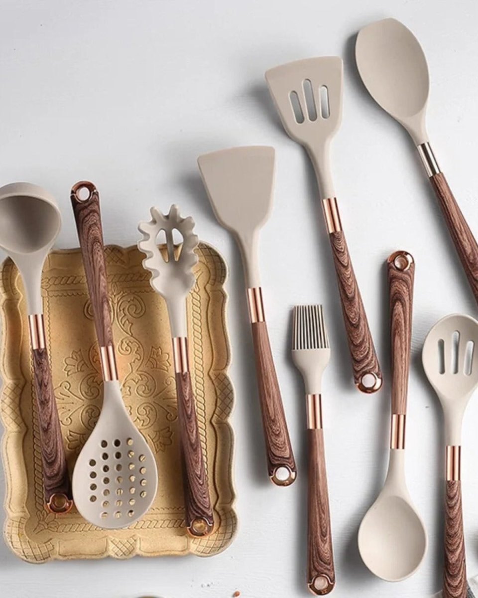 Ensemble d’ustensiles 11 pièces silicone bois et or | Virelle Maison