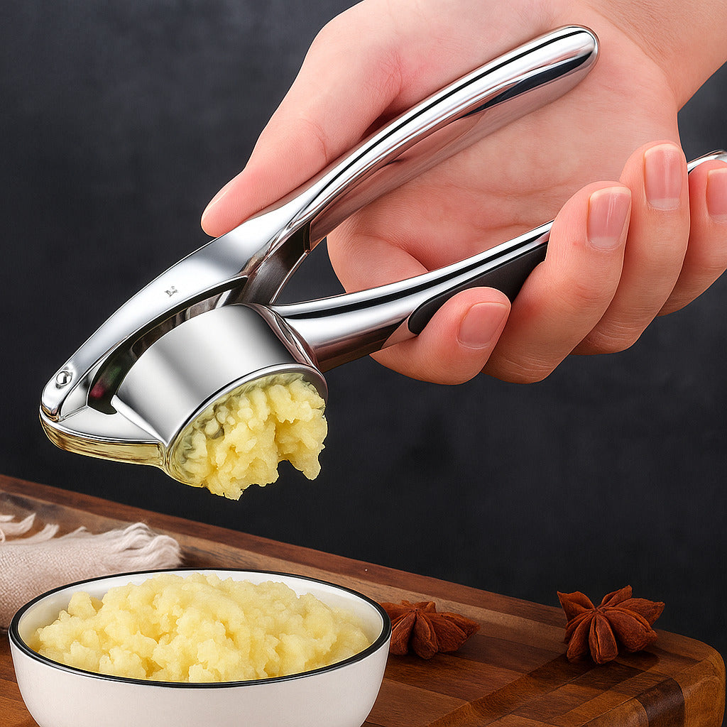 Minimalistische Edelstahl Knoblauchpresse mit rutschfestem Griff
